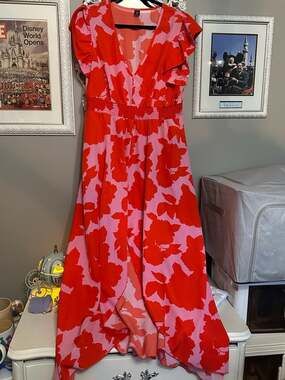SHEIN Curve 2XL Red and Pink Floral Ruffle Sleeve Maxi Dress